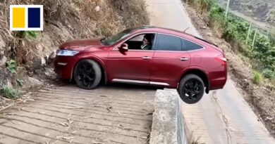 Chinese driver skilfully manoeuvres car on narrow road